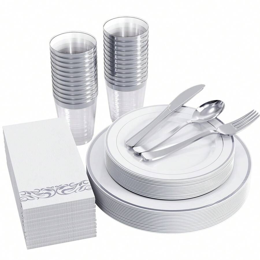 1200pcs Silver Dinnerware Set For 150 Guests, Disposable Plastic Plates For Party, Include: 150 Dinner Plates, 150 Dessert Plates, 150 Paper Napkins, 150 Cups, 150 Silverware Set 300 Forks, 150 Spoons, 150 Knives. - 50 份 - 查看 1