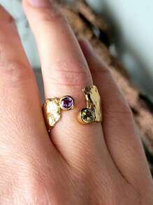 1 件独特不对称开口可调节锤纹铜镀金戒指，镶嵌紫色和绿色宝石，现代艺术设计珠宝，适合女性派对、聚会或生日礼物，搭配日常服装 - 彩色 - 查看 5