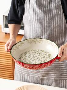 Assadeira redonda de cerâmica pintada à mão, com estampa floral vintage vermelha e alças, ideal para saladas, grelhados, assados, sobremesas e para fazer pizza e massas, para forno e micro-ondas, utensílios de cozinha