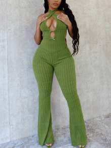春夏蝴蝶结毛绒针织露背连体裤女士夜间派对装交叉无袖连体裤 - 綠色 - 查看 1