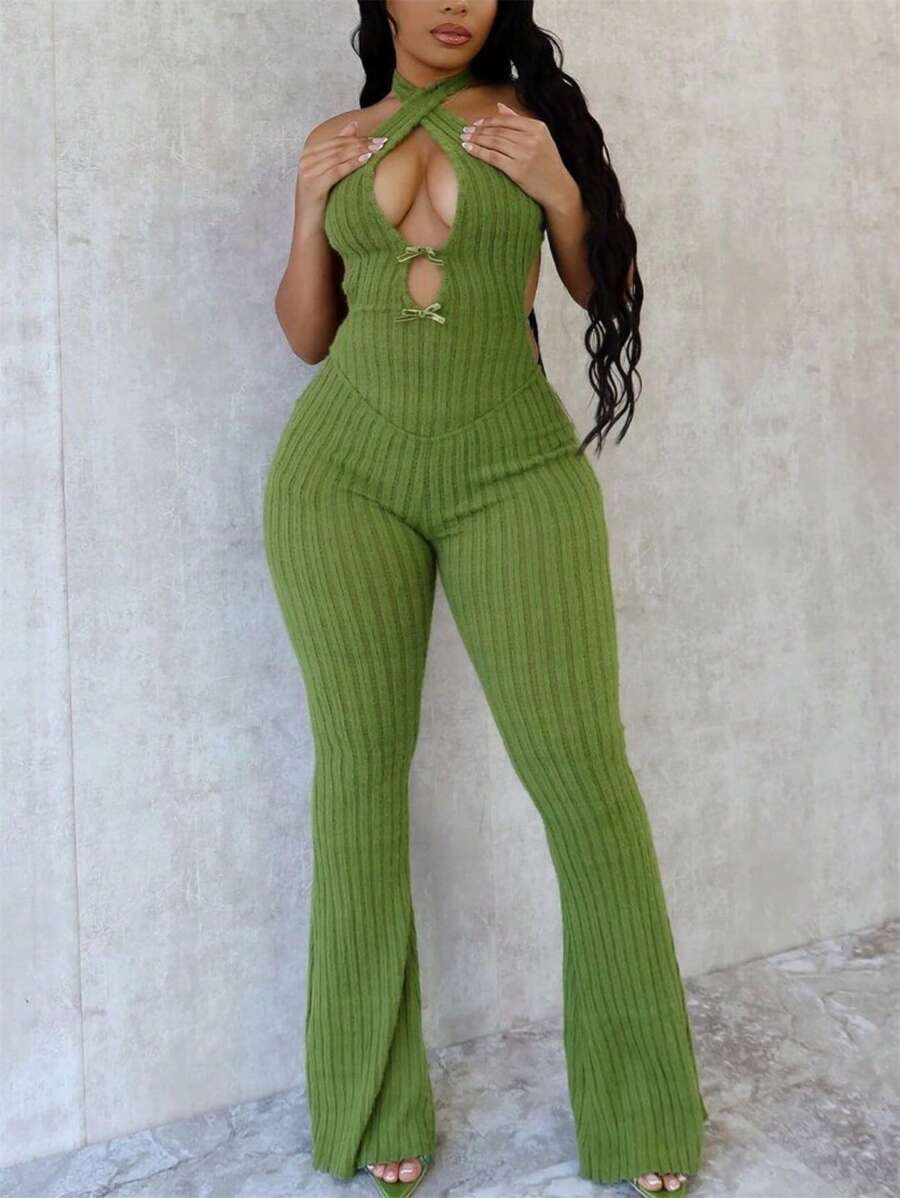 春夏蝴蝶结毛绒针织露背连体裤女士夜间派对装交叉无袖连体裤 - 綠色 - 查看 1