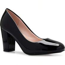 Tacones de plataforma de punta redonda clásicos para mujer con tacón alto en bloque - Adorable,-2025 - Patente negra* - Ver 1