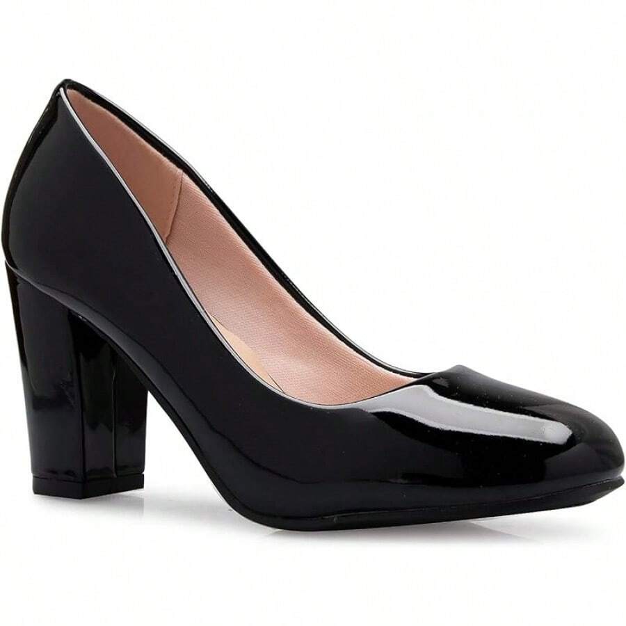 Tacones de plataforma de punta redonda clásicos para mujer con tacón alto en bloque - Adorable,-2025 - Patente negra* - Ver 1
