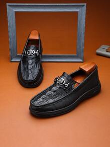 Men's Fashionable Crocodile Pattern Patchwork Low-Top Casual Shoes With Metal Buckle, Retro Style For Outdoor, Commute, Travel, Cycling, Beach, Versatile Loafers