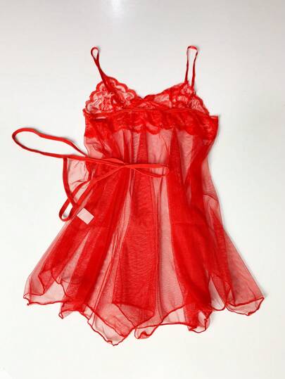 Contrast Kanten Semi Doorschijnende Lingerie Set, Asymmetric Hem Bow Slip Dress String, Verleidelijke Underwear Intimates, Rave Going Out view 3