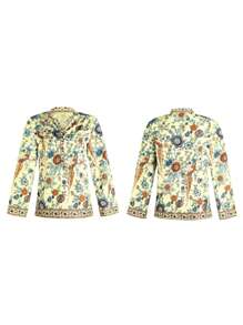 Women Casual Blouse, Long Sleeve Floral Printed Loose V-Neck Tops, Loose Wild Fashion Spring/Fall Top Shirt - Màu vàng - Xem 2