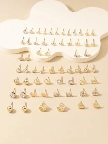 60pcs Fashion Metal Butterfly, Heart, Rhinestone, Moon, Bow Knot, Flower Stud Earrings Set, Jewelry Gift, Suitable For Women's Daily Wear - Yellow Gold - View 2