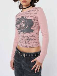 Women's Spring Summer Fitted Crop Tops Long Sleeve Crewneck Graphics Print Slim T-Shirt - Pink - View 2