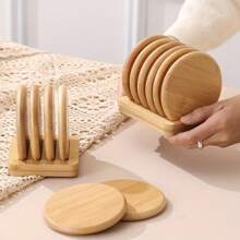 6Pcs Set Of High-Quality Wooden Coasters - Minimalist Creative Round Coasters For Heat Insulation, Perfect For Home Decoration, Protect Cups And Tea Sets, Perfect For Christmas And Halloween Costumes - Yellow - View 4