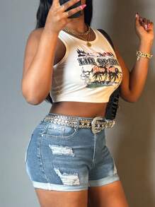 Women's Summer Mid Waist Tear Denim Shorts With Elastic Hip Lifting Denim Shorts (Excluding Waistband) - Light Wash - View 6