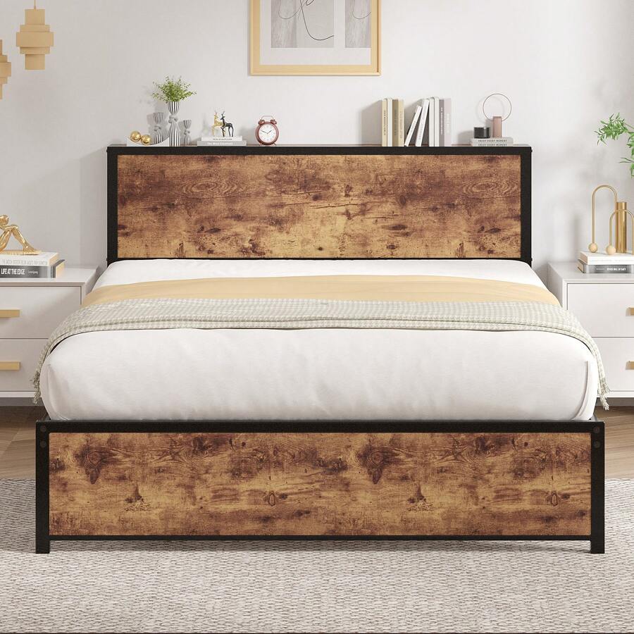 VECELO Single/Double Size Bed Frame With Wood Storage Shelf Headboard And Footboard, Metal Slates Support, No Box Spring Needed - 棕色 - 查看 1