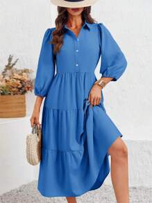 2026 Popular Fall Maxi Shirt Dress V Neck Vestidos Elegantes De Mujer Button Down 3/4 Sleeve Tiered Collared Flowy Design - 藍色 - 查看 2