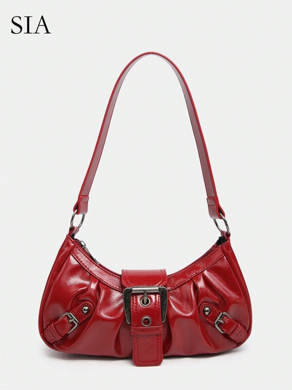 1pc Women's Vintage Milkshake Style Soft, Distressed, Faded Leather Motorcycle Bag With Rivet, Stud, Buckle Decoration, Fold, Cloud Pattern, Single Should Strap, Underarm Bag, Rectangular Bag, Suitable For Work, Commute, Date, Party, Fashionable Burgundy Bag, Retro Inspired Bag For Women