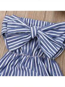 Vintaside Kids 2 piezas/set Enterizo rayado elegante y adorable con moño y diadema para fiesta de verano de niñas bebés - Azul - Ver 5