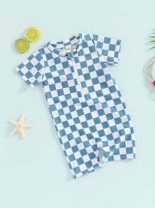 Toddler Rash Guard Swimsuit Checkerboard Print Short Sleeve Zip Up Bathing Suit Swimwear - Blue - View 2