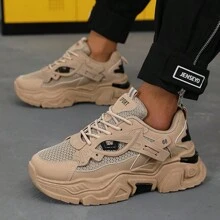 Multi Functional Thick Soled Men's Skateboarding Shoes Sports Shoes, Breathable Mesh Upper And Durable PU/Rubber Sole, Lace Up Casual Sports Shoes With Blue Decoration, Very Suitable For Casual Wear, Versatile Shoe Accessories - 卡其色 - 查看 2