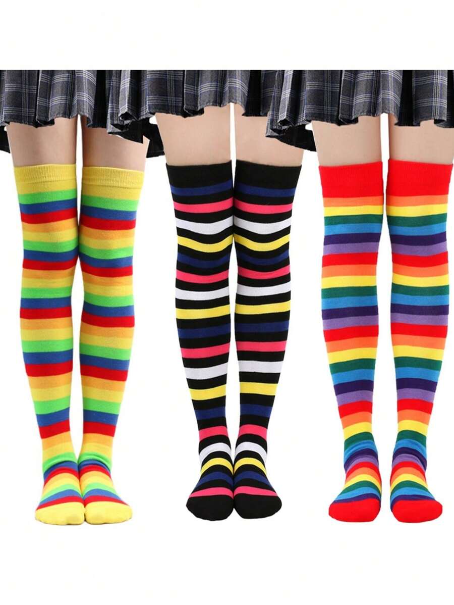 1 双狂欢节彩色过膝袜，女士条纹过膝袜，适合派对、动漫角色扮演 - 彩色 - 查看 1