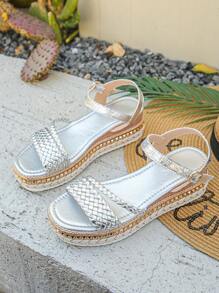 银色编织坡跟凉鞋，带铆钉装饰，厚底，高跟，系带，适合女士，夏季日常穿着，随机图案