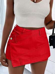 Quần short denim dáng ôm kiểu cargo, phong cách đường phố Y2K, đường may tương phản, cạp chun co giãn, vạt bất đối xứng, ôm sát cơ thể. - Đỏ - Xem 2