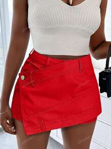 Y2K Street Vintage Contrast Top-Stitching Overlap Taille Rekbaar Gewikkeld Asymmetrische Zoom Skinny Cargo Denim Mini Skorts