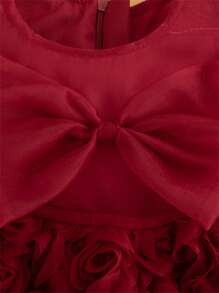 Baby Girl Holiday Red Dress, Floral Ruffle Dress With Bow Design Sleeveless Princess Dress - Red - View 3