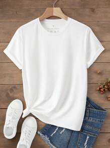Camiseta de mujer de manga corta blanca lisa, camiseta deportiva informal cómoda de cuello redondo para mujer, blusa blanca de mujer, primavera/verano - Blanco - Ver 1