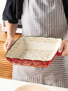 Assadeira quadrada de cerâmica pintada à mão com padrão floral vintage vermelho e alças, utensílios de cozinha para salada, grelhados, assados, sobremesas e pizzas, adequada para forno e micro-ondas