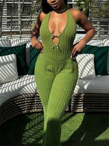 春夏蝴蝶结毛绒针织露背连体裤女士夜间派对装交叉无袖连体裤 - 綠色 - 查看 3