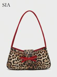 1pc Vintage Minimalist Ballet Style Bow Leopard Print Exposed Lining Yellow Polka Dot Angora Decor Shoulder Baguette Bag, Suitable For Dates, Outings, Parties, Valentine's Day - Multicolor - View 1