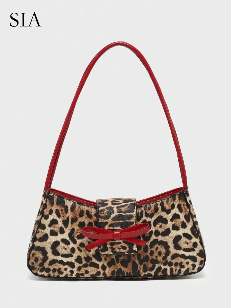 1pc Vintage Minimalist Ballet Style Bow Leopard Print Exposed Lining Yellow Polka Dot Angora Decor Shoulder Baguette Bag, Suitable For Dates, Outings, Parties, Valentine's Day - Multicolor - View 1