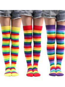 1 双狂欢节彩色过膝袜，女士条纹过膝袜，适合派对、动漫角色扮演 - 彩色 - 查看 2