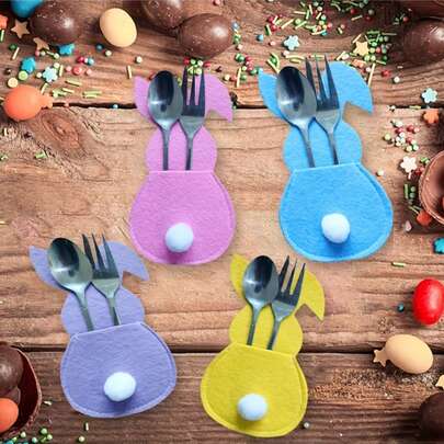 4pcs Easter Bunny Felt Cutlery Holder Bag Happy Easter Decorations For Home Tableware Accessories Rabbit Cutlery Cover Bag Table