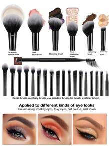 49pcs Makeup Sponge Set Includes 25 Soft Bristle Makeup Brushes (Powder Brush, Blush Brush, Contour Brush, Foundation Brush, Nose Brush, Eyeshadow Brush, Eyebrow Brush, Lip Brush, Detail Brush) + 5 Makeup Sponge For Liquid Makeup + 5 Triangle Powder Puffs + 5 Finger Puffs + 5 Mini Puffs + 1 Headband + 2 Wrist Bands + 1 Brush Cleaning Tool - Black - View 2