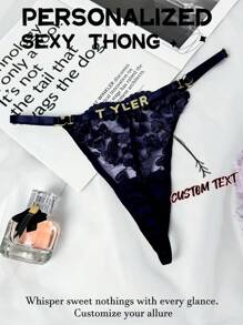 1pc Customized Metal Letter, Customized Name, Embroidered Sexy Lace Low-Waist Adjustable Panty, Sheer Sexy Thong - Royal Blue - View 1