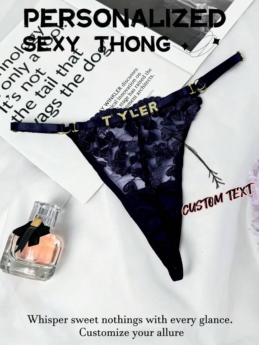 1pc Customized Metal Letter, Customized Name, Embroidered Sexy Lace Low-Waist Adjustable Panty, Sheer Sexy Thong - Royal Blue - View 1