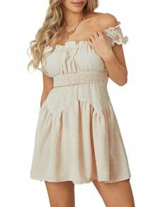 Women Flowy Pirate Dress Fairy Short Sleeve Y2k Off Shoulder Ruffle Corset Mini Dresses - 杏色 - 查看 3