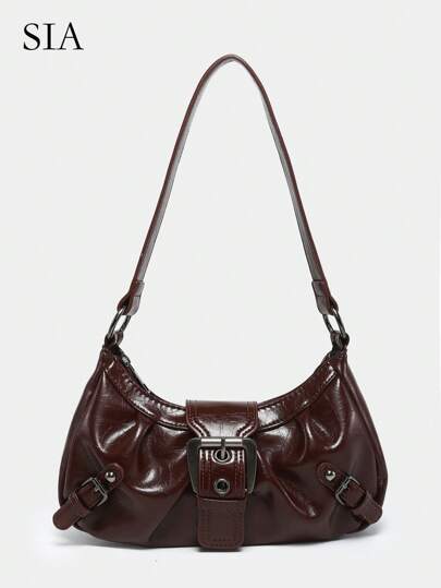 1pc Women Retro Melade Distressed Soft Faux Leather Motorcycle Bag With Rivets, Buckle Decor, Cloud Pleated Shoulder/Underarm Bag, Barrel Bag Shape Suitable For Work, Commute, Date, Party, Retro Inspired Vintage Bag For Women