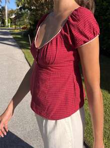 Women Y2k Fairy Grunge Shirts Puff Sleeve V-Neck Button T-Shirts Tunic Tops Slim Fit Going Out Crop Tee Top Teen Girls Vintage Aesthetic Clothes Streetwear - 紅色 - 查看 5