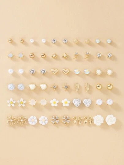 1 套/30 件时尚简约可爱花朵金属心形水钻蝴蝶结叶子设计耳钉首饰套装，节日礼物，适合日常佩戴