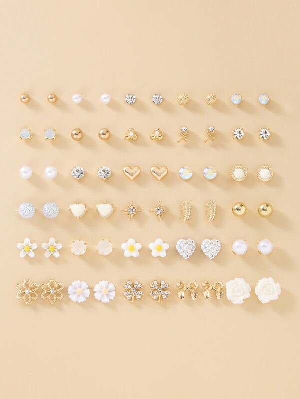1set/30pcs Fashionable Minimalist Cute Flower Metal Heart Rhinestone Bow Leaf Design Stud Earrings Jewelry Set, Holiday Gift, Suitable For Daily Wear