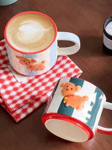 1pc Limited Edition Vintage Donkergroene Handgeschilderde Relief Bell Puppy Mok, Koffie/Thee Kopje & Ontbijtbord Cadeau