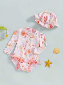 Baby Girl Rash Guard Swimsuit Floral/Shell Print Long Sleeve Mock Neck Bathing Suit With Hat 2 Pcs Set - Ivory - View 3