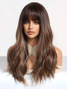 FIVE STARS High Quality 22-Inch Synthetic Heat-Resistant Fiber Wig With Long Curly Bangs In Multiple Colors Ladies Wig Is Perfect For Holiday Party Everyday Wear - Brown - View 6