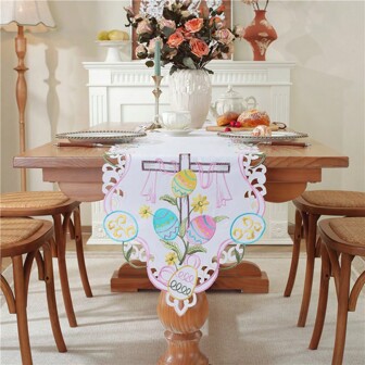 1st, påskkorsbordslöpare, polyestertyg, broderiteknik, utsökt handhålning, mycket lämplig för juldekoration, dekoration av vardagsrumsbord, festarrangemang, är ett idealiskt val för påskhelgen.