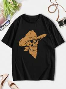 Skeleton Cowboy - Golden Version With Bandana Cowboy Hat Playful Skeleton Skull Spooky Stylized Vintage Western For Women's Women T-Women's Shirt - Black - View 3