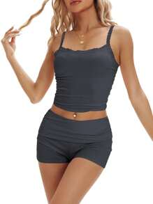 Conjunto de ropa de verano para mujer, top de tirantes con ribete de encaje y pantalones cortos con cintura plegable - Gris Oscuro - Ver 6