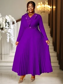 加大码春季紫色复活节长褶女式不对称亮片领高腰场合生日华丽连衣裙，适合节日派对、婚礼宾客礼服、舞会礼服