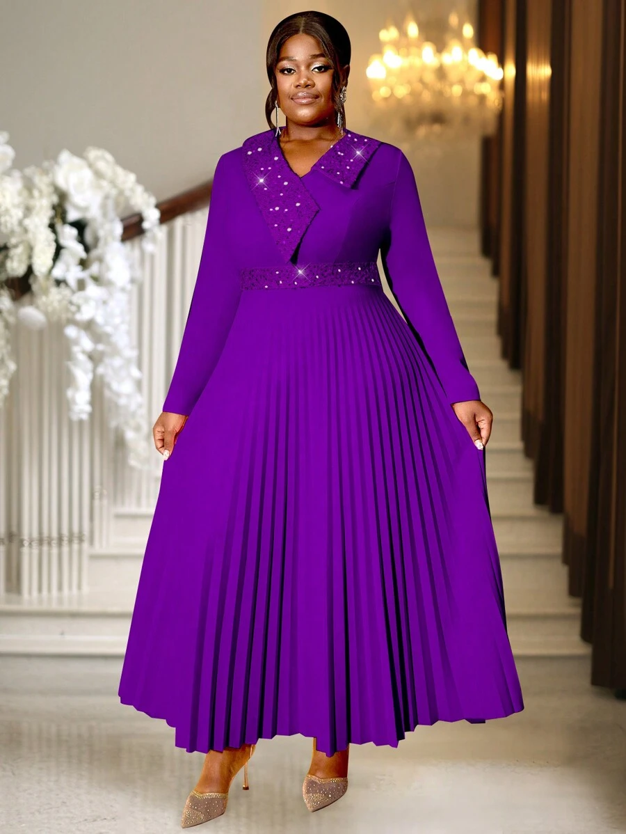 加大码春季紫色复活节长褶女式不对称亮片领高腰场合生日华丽连衣裙，适合节日派对、婚礼宾客礼服、舞会礼服