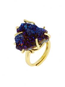 1pc CSJA Druzy Crystal Stone Ring For Women Girl Luxury Gold Color Asymmetric Natural Stone Rainbow Drusy Finger Ring Jewelry Valentine Gift H558