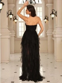 EVERLYL Váy xòe lưới xếp ly màu đen thanh lịch xẻ cao xẻ tà xương cá mùa xuân và mùa hè, mùa thu và mùa đông, váy dạ hội trang trọng thanh lịch, dành cho khách dự tiệc cưới, tiệc sinh nhật tốt nghiệp, khiêu vũ tốt nghiệp, tiệc tối - màu đen - Xem 3